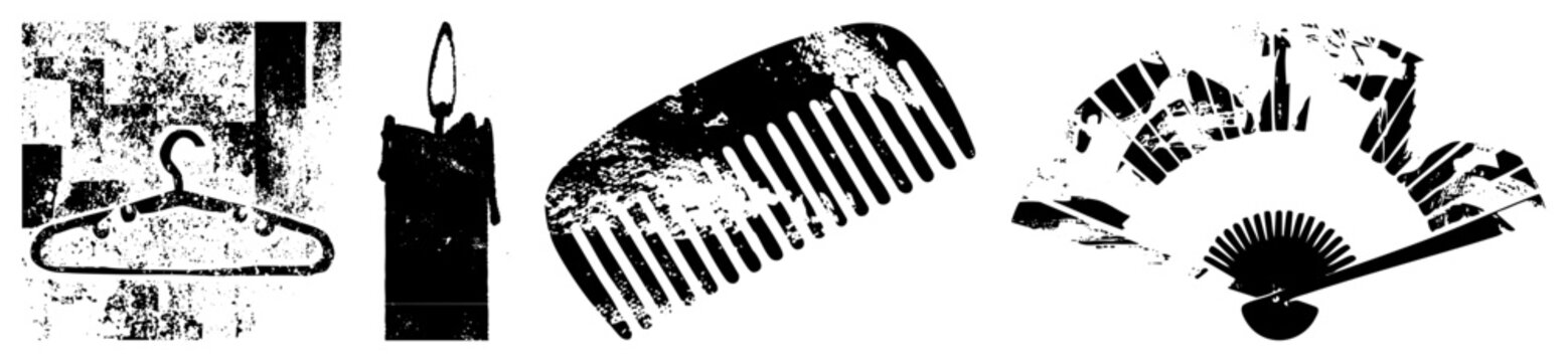 Distressed silhouette for home goods coat hanger, taper candle, hair comb, folding hand fan vintage stencil graphics, retro print motifs, glyph set.