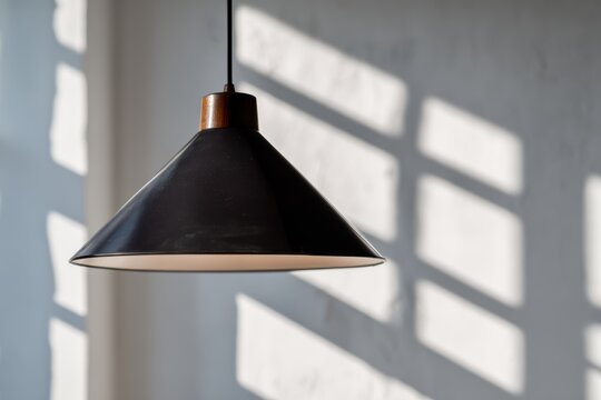 シンプルな部屋に黒いペンダントライトがぶら下がっています