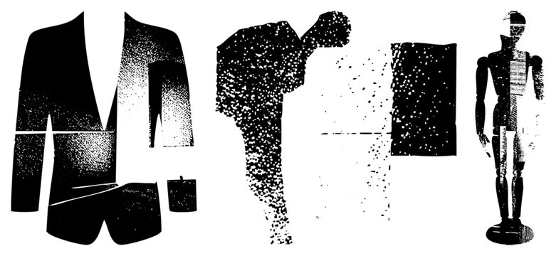Graphic design elements tailored menswear silhouette, fragmented body, articulated figure ideal for fashion layouts or conceptual art. apparel cutout, garment stencil, stylized hu
