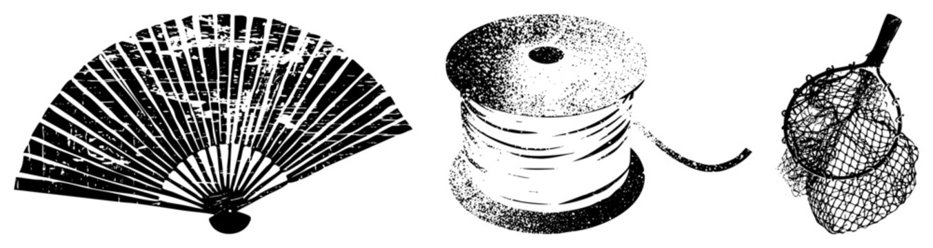Black and white graphic depicting traditional hand fan, wound thread reel, and mesh landing net also called paper fan, bobbin, and trawl net. Ideal for vintage design or craft projects.