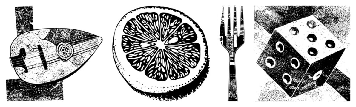 Stippled illustrations of mandolin lute, citrus slices, fork, die retro/vintage print or packaging. dot matrix, grainy vector art.