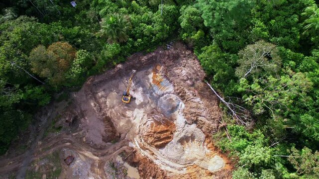 Aerial view of an illegal gold mining concession in the Amazon, Napo province, Ecuador