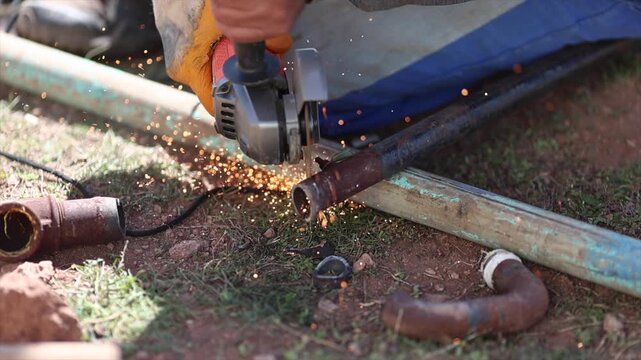 Man is cutting a metal list by angle grinder saw.