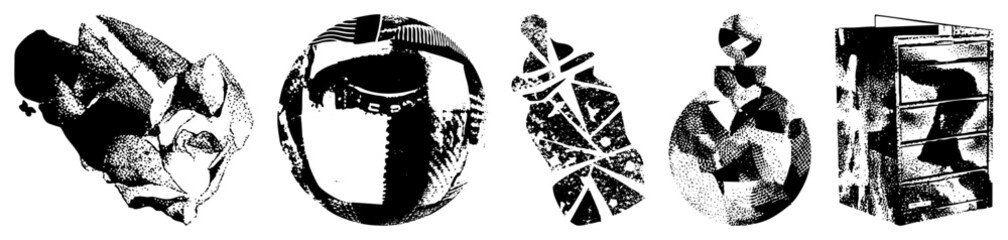 Obraz premium Stippled graphic elements, dot matrix, fragmented forms, halftone art, abstract design motifs, digital raster effects, vector cutouts.