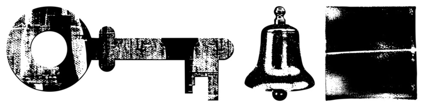 Distressed vintage key, handbell symbol, and textured square panel rendered in high contrast alternate names halftone key, grunge bell graphic, distressed emblem set.