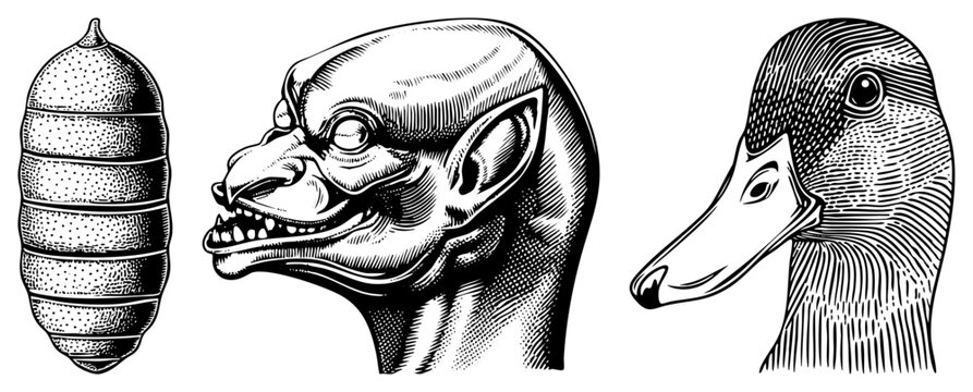 Hand drawn etched animal and insect portraits featuring a chrysalis, grotesque gargoyle face, and waterfowl head detailed stipple and vector graphics for print or digital use.