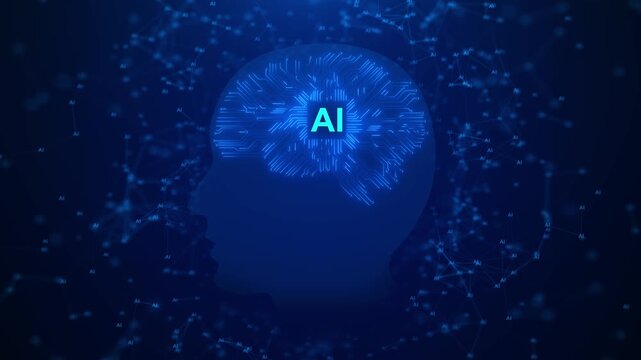 Ai holographic projection glowing blue in dark futuristic space hologram technology
