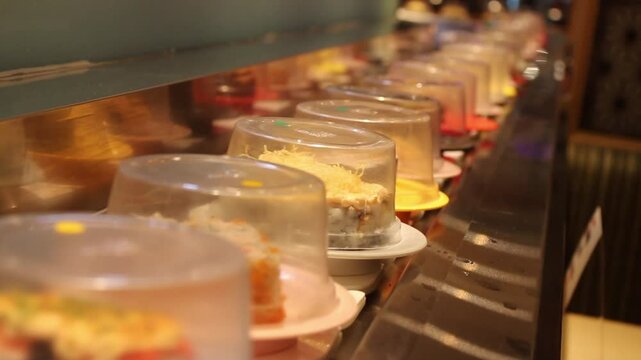 Japanese conveyor belt sushi restaurant with covered plates moving on a kaiten sushi track in warm cinematic lighting.