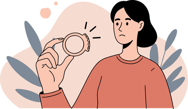 Woman holding a ring with a concerned expression in a hand drawn style, surrounded by abstract shapes and leaves on a light background