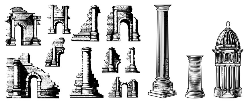 Romanesque, broken columns, classical pillars in vintage engraving style ideal for historical design, education, or games. antiquity fragments, Greco Roman relics.