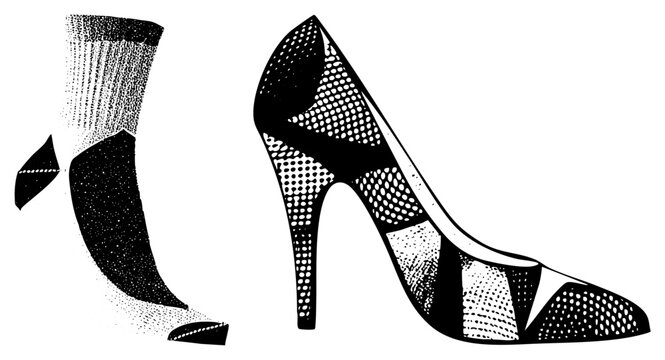 Fashion illustration of stiletto pump and ankle sock rendered in halftone dot, pop art style footwear graphic, vector silhouette.