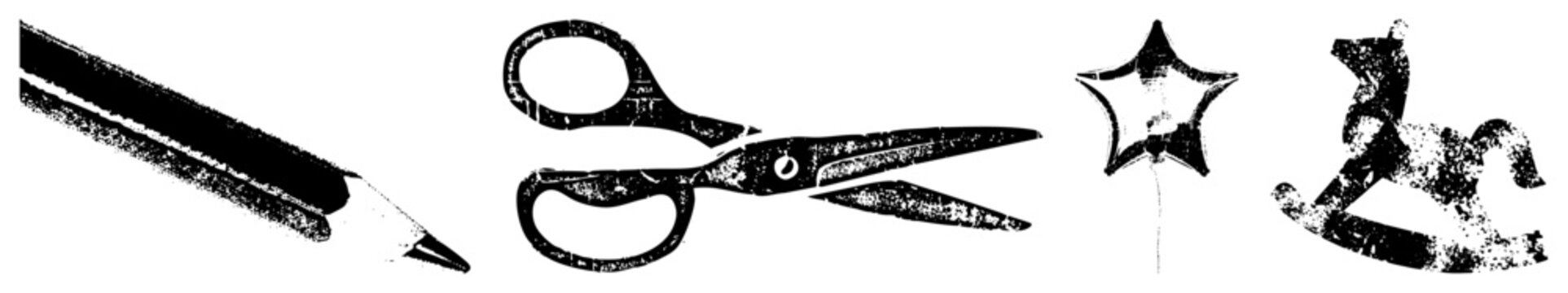 Distressed school tools pencil, scissors, star balloon, rocking horse for, classroom decor, or vintage designs. chalkboard doodles, retro school gear.