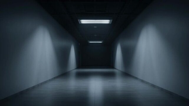 A dark and empty corridor with fluorescent lights.