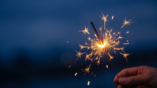 Traditional Japanese sparkler Senko Hanabi with golden sparks, copy space