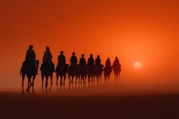 Fototapeta premium Camel caravan at sunset in the desert
