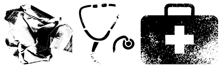 Obraz premium Distressed healthcare symbols including medical stethoscope, emergency kit, crumpled paper, vintage halftone print, vector graphics for design use.