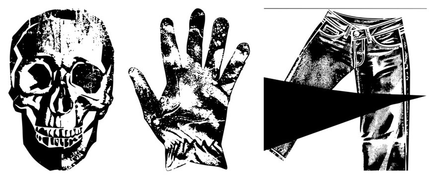 Edgy vector illustrations featuring a decaying skull, grimy handprint, and denim jeans with geometric cutout also known as punk graphic elements or streetwear design assets.
