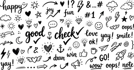 Naklejka premium Hand drawn doodle element set with arrows, hearts, stars, and lettering, black ink sketch collection isolated on transparent background