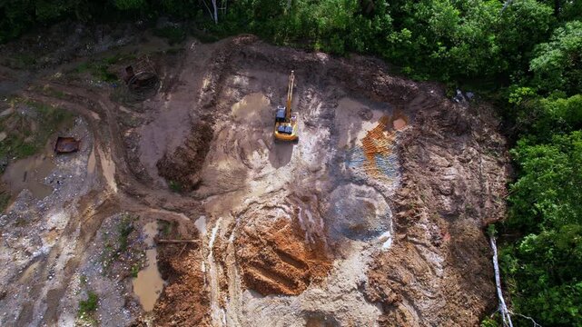 Aerial view of an illegal gold mining concession in the Amazon, Napo province, Ecuador