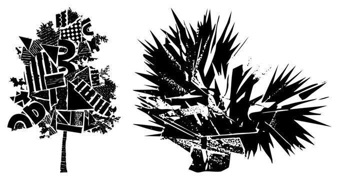 Stylized graphic composition blending letterforms with organic shapes, typographic montage, deconstructed flora, cutout art, glyph based illustration.