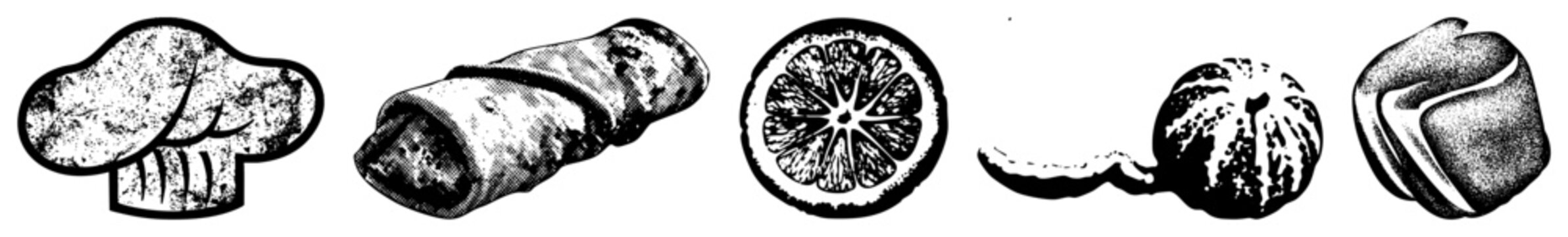 Stylized food and kitchen symbols rendered in halftone, including culinary hat, rolled wrap, sliced fruit, ornamental squash, baked good ideal for menu design or recipe branding.