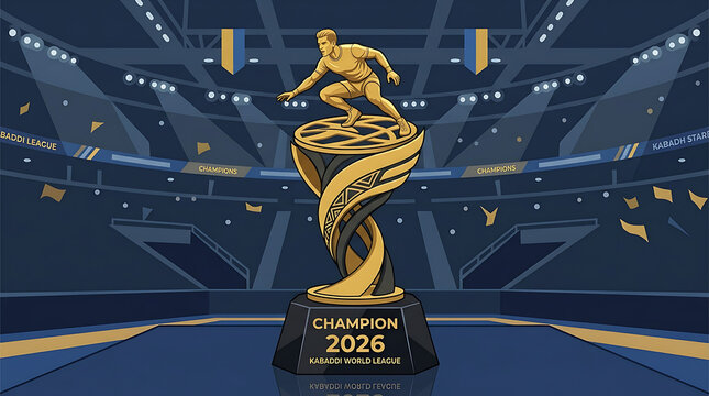 Kabaddi  Golden champion trophy 2026 for world league, soccer player statue on gold cup, professional stadium arena background with bright spotlights