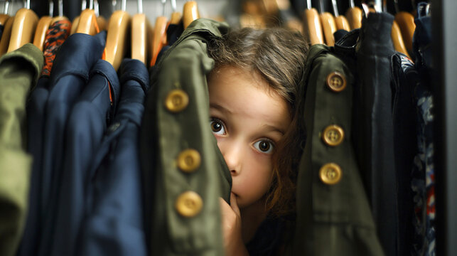 Child hiding inside a clothing rack. Young girl peeking from between clothing racks in a boutique  