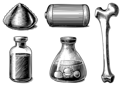 Retro engraved science set bone, flask, battery, powder pile ideal for lab, education,. Also etched science symbols, vintage lab.