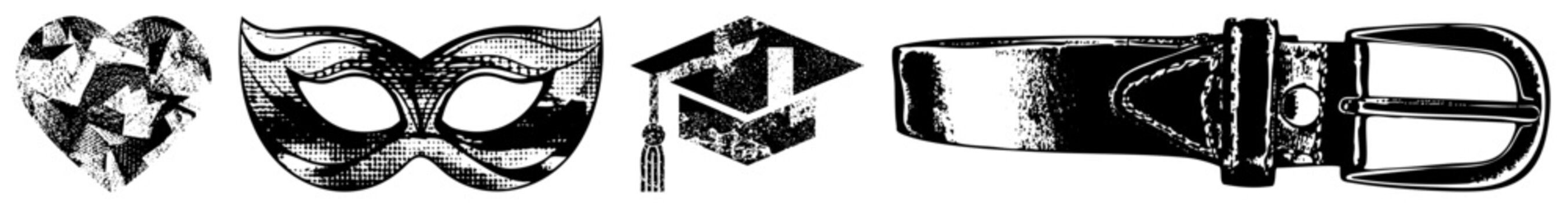 Graphic illustrations of symbolic objects love symbol, festive disguise, academic, fashion belt. Also called emblematic glyphs, decorative motifs, thematic pictograms.