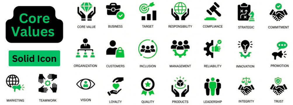 Solid vector of Core Values icon set. Core Values solid icon set. Core value editable solid icon set. Passion, mission, innovation, goals, responsibility, growth, strategy, integrity, customers,  team