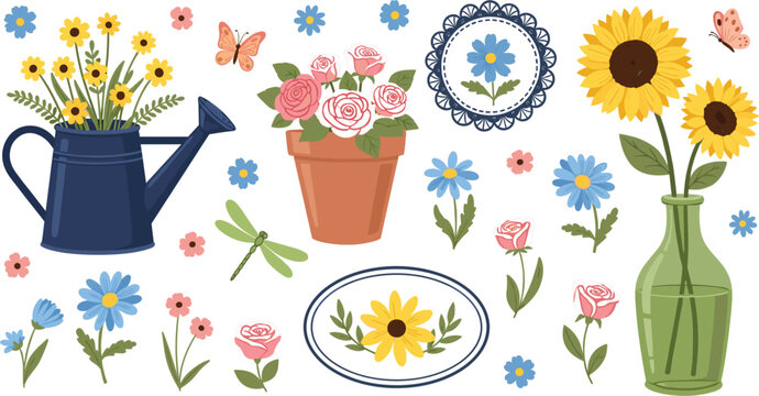 Beautiful Garden Flower Collection Featuring Sunflowers Roses and Daisies in Watering Can Clay Pot and Glass Vase for Spring Decor Floral Patterns and Greeting Card Designs