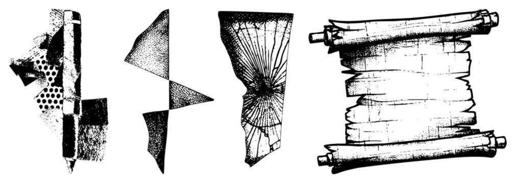 Stylized graphic composition featuring broken forms, shattered, and distressed surfaces ideal for avant garde design or experimental art layouts.