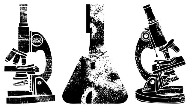 Laboratory tools depicted in stylized black and white vector art, featuring a compound microscope and Erlenmeyer flask, rendered with vintage halftone and grain effects for educational or design use.