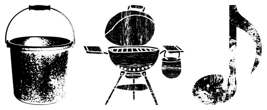 Distressed silhouette depicting pail, barbecue grill, and eighth note rough textured cutout graphics for print or digital use, ideal for retro themed projects.