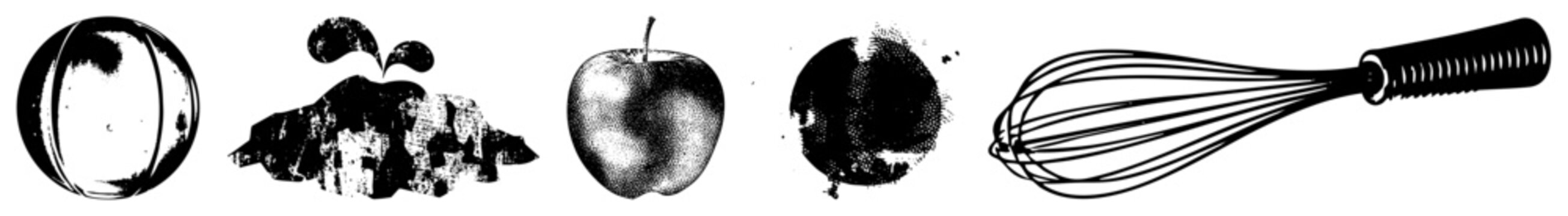 Black and white stippled illustrations of whisk,, citrus, rock salt, and sphere graphic design assets, clip art, food symbols.