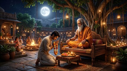 Fototapeta premium Worship and Reflection on Purnima Night with Sage in Serenity