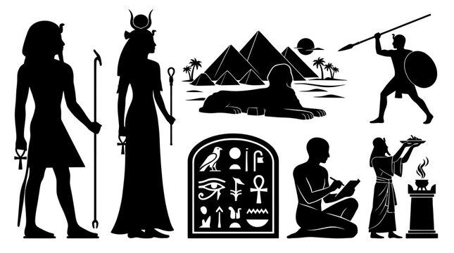 Ancient Egypt Culture Black Silhouette Vector Icons Set: Gods, Pyramids, Sphinx, Hieroglyphs, People.