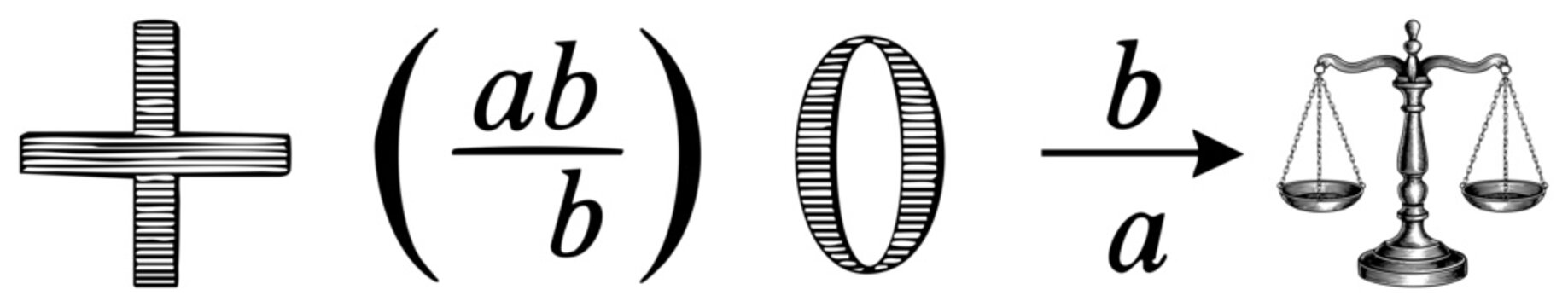 Algebraic notation symbols including plus, fraction, zero, arrow, and justice scale math set, equation elements, symbolic representation, educational graphic.