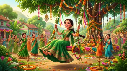 Fototapeta premium Celebrating Teej Holiday with Colorful Decorations and Traditional Attire