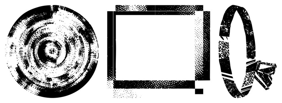 Abstract distressed graphic borders, retro halftone frames, vintage texture, punk style design elements, gritty vector art.