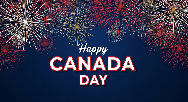Red white and gold fireworks explode over dark blue sky with text explosion celebration canada