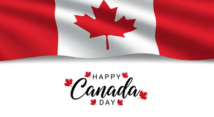 Canadian flag waving above happy canada day text with maple leaves leaf