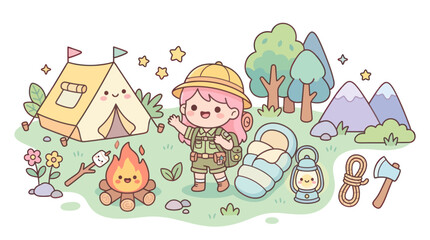 Naklejka premium Cute Kawaii Cartoon Camping Adventure with Girl, Tent, Campfire, and Outdoor Gear Illustration