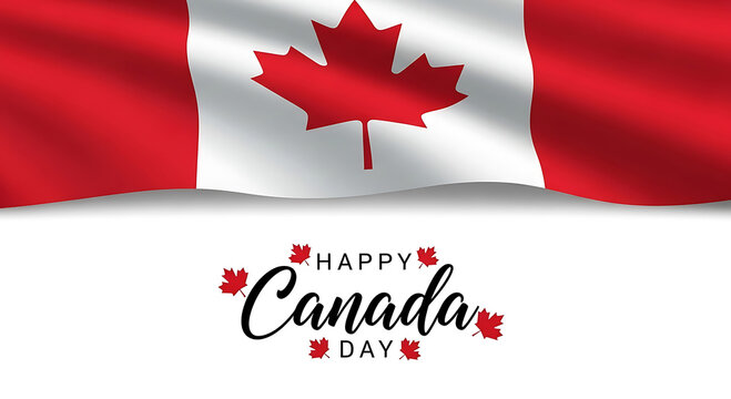 Canadian flag waving above happy canada day text with maple leaves leaf