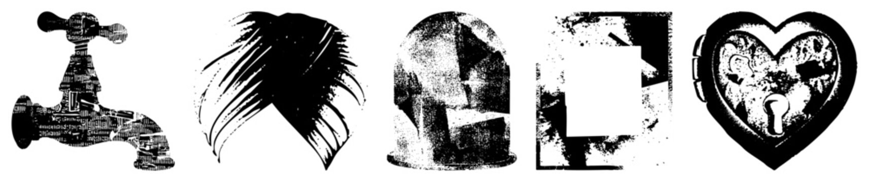 Black and white graphic cutouts featuring faucet, feather, dome, frame, and heart lock motifs stylized glyph art, vector illustration, stencil design.