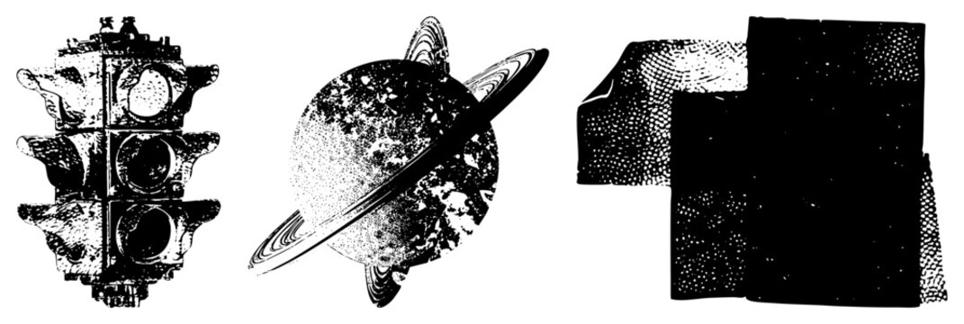 Stylized traffic, Saturn like celestial body, geometric forms rendered in halftone urban signage, planetary, abstract shapes for graphic design.