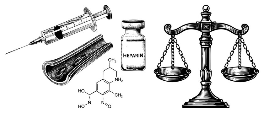 Heparin anticoagulant vial paired with syringe, molecular diagram, and justice scales thrombolytic agent, blood thinner, coagulation inhibitor, legal medicine.