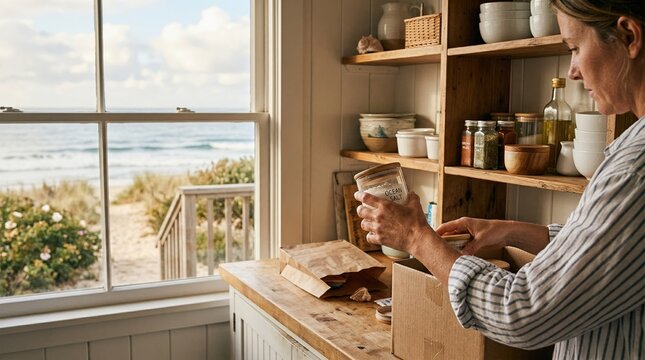 Medium shot showing quick restocking of kitchen essentials in a bright beach cottage hands in focus while the scenic view outside blurs gently.