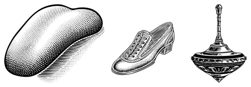 Vintage engraved graphics of bread, lace up shoe, toy top stipple/dotwork/retro print. Ideal for logos, packaging, vintage branding.