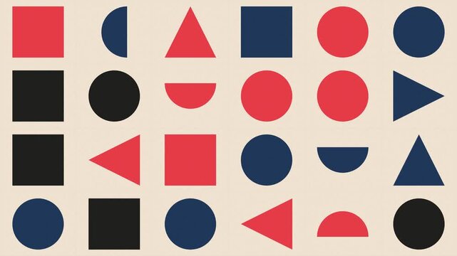 Bauhaus Geometric Motion Graphic, Abstract Modern Art Animation, Retro Minimalist Shapes Grid, Red Blue and Black Constructivism Style Background, Mid-Century Modern Design